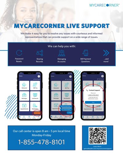 My care corner live support with cell phone icons